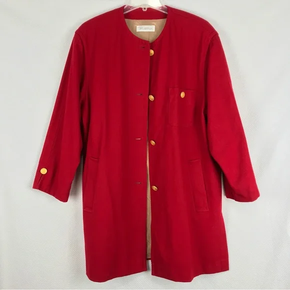 MALLI MARI Vintage 90’s Finland Red Wool Coat Fully Lined Gold Crest Buttons XL - Picture 8 of 8